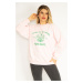 Şans Women's Plus Size Pink 3 Thread Inner Raising Fleece Embroidered Sweatshirt