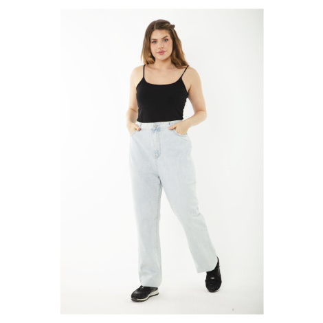 Şans Women's Plus Size Blue Wash Effect High Waist Denim Trousers