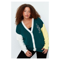 Trendyol Curve Green Color Block Embroidery Detailed Knitwear Cardigan