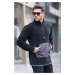 Madmext Men's Black Bato Collar Kangaroo Pocket Cold Proof Fleece Sweatshirt 6018