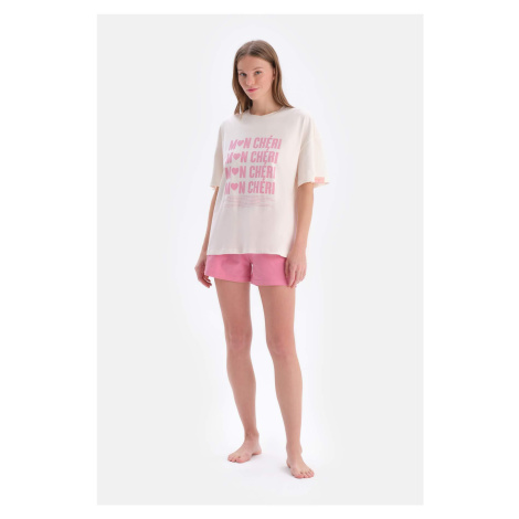 Dagi Ecru Short Sleeve Piece Printed Single Jersey T-Shirt Shorts Pajamas Set