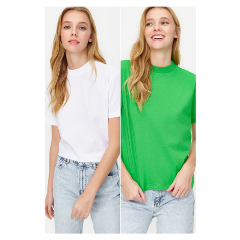 Trendyol Green-White 2 Pack Basic Stand Collar Knitted T-Shirt