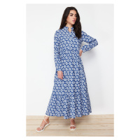 Trendyol Saxe Blue Belt Skirt Flounce Floral Pattern Lined Woven Dress