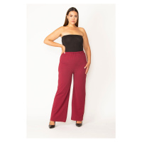 Şans Women's Plus Size Claret Red Stripe Fabric Elastic Waist Piper Trousers