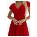 Červené třpytivé midi šaty s volánkovými rukávy