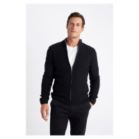 DEFACTO Men's Black Standard Fit Regular Cut Half Turtleneck Zippered Waffle Cardigan