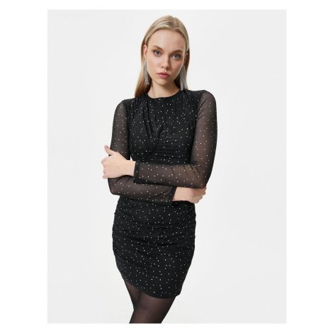 Koton Tulle Polka Dot Mini Dress Draped Detailed Round Neck Long Sleeve