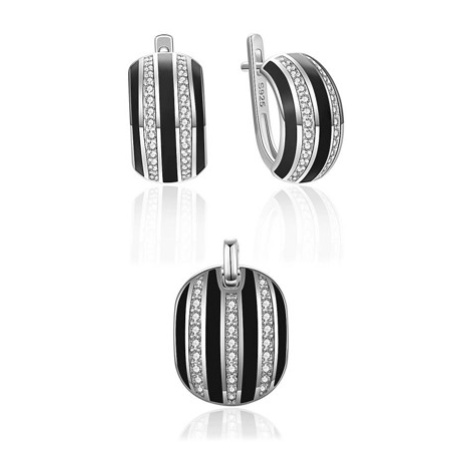 Luxusní stříbrná souprava s černým smaltem a zirkony STRS0382F + dárek zdarma Ego Fashion