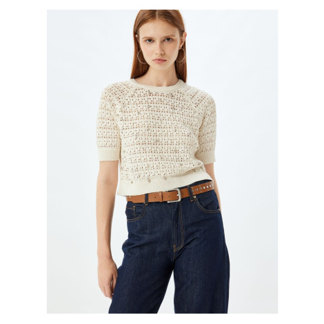 Koton Openwork Crop Sweater Short Sleeve Crew Neck Beaded Embroidered