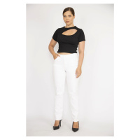 Şans Women's Plus Size Bone High Waist Side Belt Elastic Lycra 5-Pocket Jeans