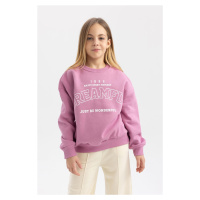 DEFACTO Girl's Printed Crew Neck Thick Sweatshirt with Soft Furry Inside