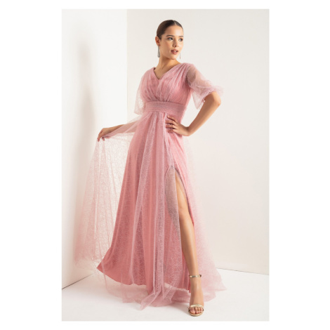 Lafaba Women's Pink Balloon Sleeve Silvery Long Evening Dress