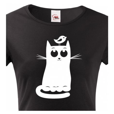 Dámské tričko s kočkou  a ptáčkem - stylový dárek pro milovníky koček BezvaTriko