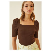 Happiness İstanbul Women's Brown Square Neck Ribbed Crop Blouse