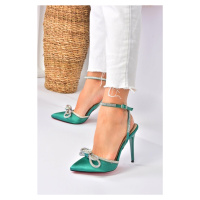 Fox Shoes Women's Heeled Shoes with Green Satin Fabric and Stones