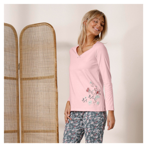 Blancheporte Pyžamové tričko s dlouhými rukávy a středovým potiskem růžová