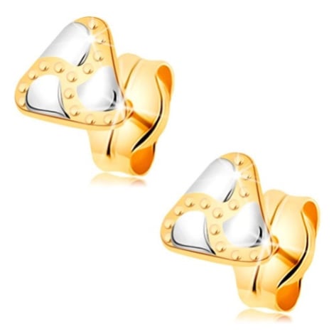Puzetové náušnice, kombinované 14K zlato - trojúhelník, slzičky a gravírované tečky Šperky eshop