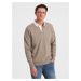 Men's sweatshirt with white polo collar - dark beige V2 OM-SSNZ-0132