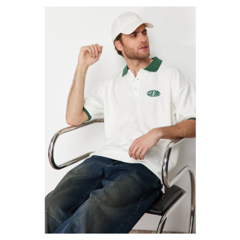 Trendyol Ecru Oversize/Wide Cut Text Embroidered Towel Fabric Buttoned Polo Collar T-Shirt