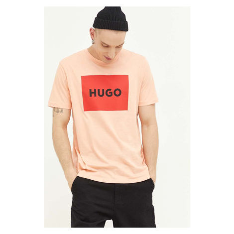 Bavlněné tričko HUGO růžová barva, s potiskem Hugo Boss