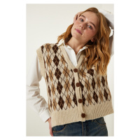 Happiness İstanbul Women's Beige Diamond Patterned Buttoned Sweater Shirt