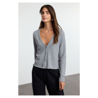 Trendyol Gray Knitwear Look V Neck Buttoned Regular Pattern Knitted Blouse