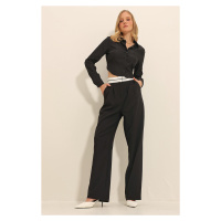 Trend Alaçatı Stili Women's Black Belt Piping Pleated Double Pocket Palazzo Trousers