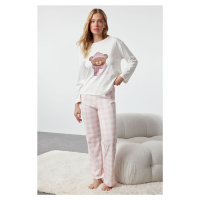 Trendyol Ecru 100% Cotton Teddy Bear Printed Plaid Knitted Pajama Set