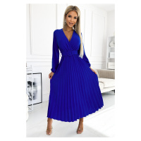 Modré midi šaty s plisovanou sukní