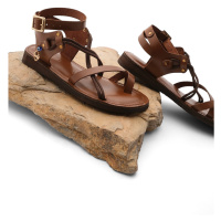 Marjin Women's Genuine Leather Accessoried Eva Sole With Crossed Threads Detail Daily Sandals Ri