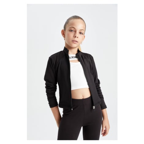 DEFACTO Girl Basic Plain Zipper Pocket Stand Collar Black Cardigan