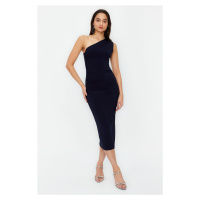 Trendyol Navy Blue One Shoulder Draped Fitted Maxi Flexible Knitted Midi Dress