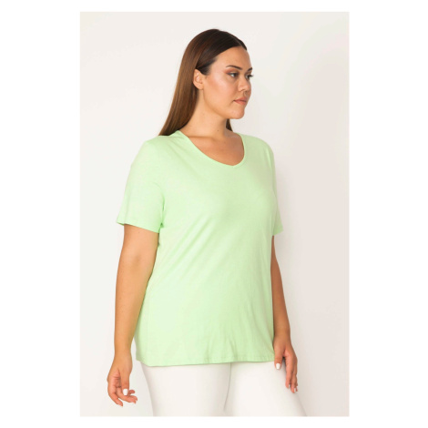 Şans Women's Plus Size Green Cotton Fabric Crewneck Short Sleeve Blouse