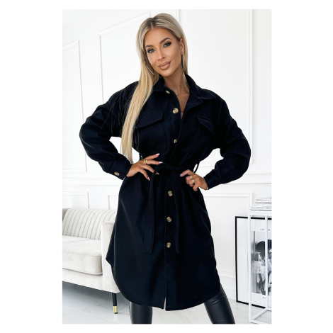Teplý dámský kabát s kapsami, knoflíky a zavazováním v pase - černý - NUMOCO