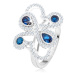 Stříbrný 925 prsten, třpytivé ornamenty, tmavomodré zirkony
