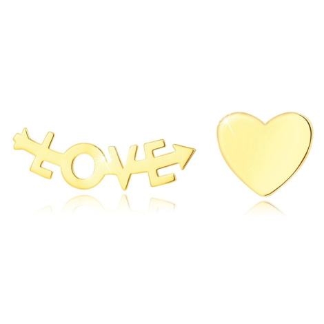 Puzetové náušnice ze žlutého zlata 585 - srdce a nápis "LOVE" Šperky eshop