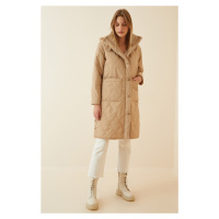 Happiness İstanbul Women's Cream Pocket Oversized Quilted Coat with a Hoodie