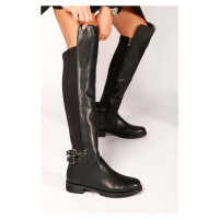 Shoeberry Women's Eliana Black Leather Elastic Boots, Black Leather.