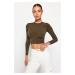 Trendyol Khaki High Neck Fitted/Simple Long Sleeve Gathered Elastic Knitted Blouse