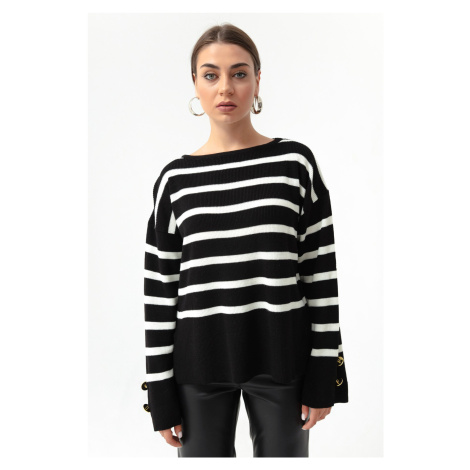 Lafaba Women's Black Bateau Neck Striped Knitwear Sweater
