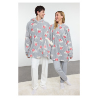 Trendyol Unisex Couple/Pair Gray Printed Wellsoft Winter Knitted Dressing Gown