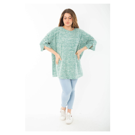 Şans Women's Plus Size Green Embellished Thick Tunic with Ornamental Metal Buttons