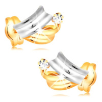 Briliantové zlaté náušnice 14K - lesklé dvoubarevné oblouky, čirý kulatý diamant