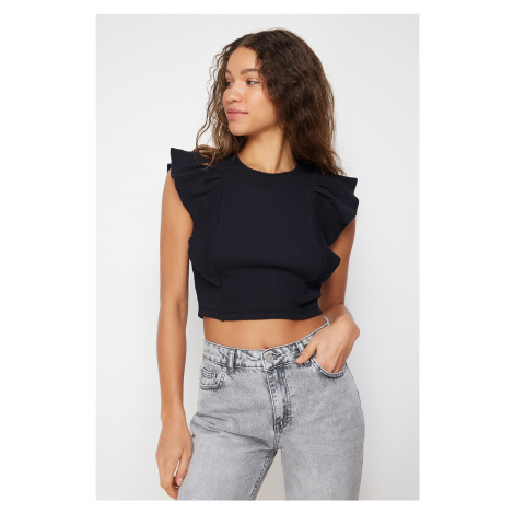 Trendyol Black Ribbed Flexible Crop Knitted Blouse With Frilly Sleeves