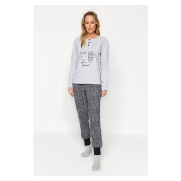 Trendyol Gray Cotton Slogan Detailed Tshirt-Jogger Knitted Pajamas Set