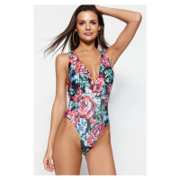 Trendyol Floral Pattern Deep-Chocolate High Leg Swimsuit With Open Back
