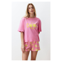Trendyol Pink 100% Cotton Slogan Fruit Printed Knitted Pajamas Set