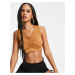 Threadbare Fitness ruched front gym crop top in camel-Neutral