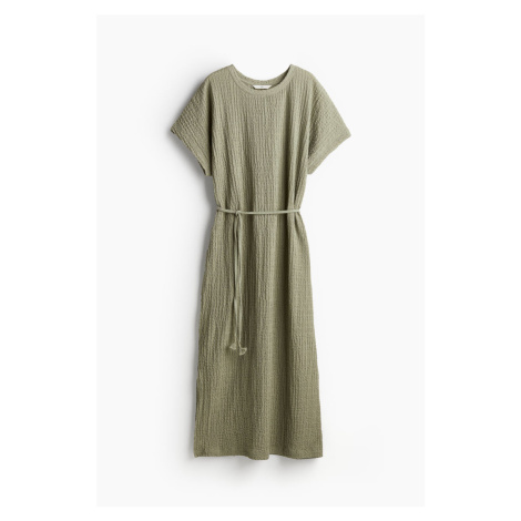 H & M - Šaty ze strukturovaného žerzeje's vázacím páskem - zelená H&M