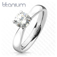 Zásnubní prsten z titanu, stříbrná barva, kulatý čirý zirkon, lesklá ramena